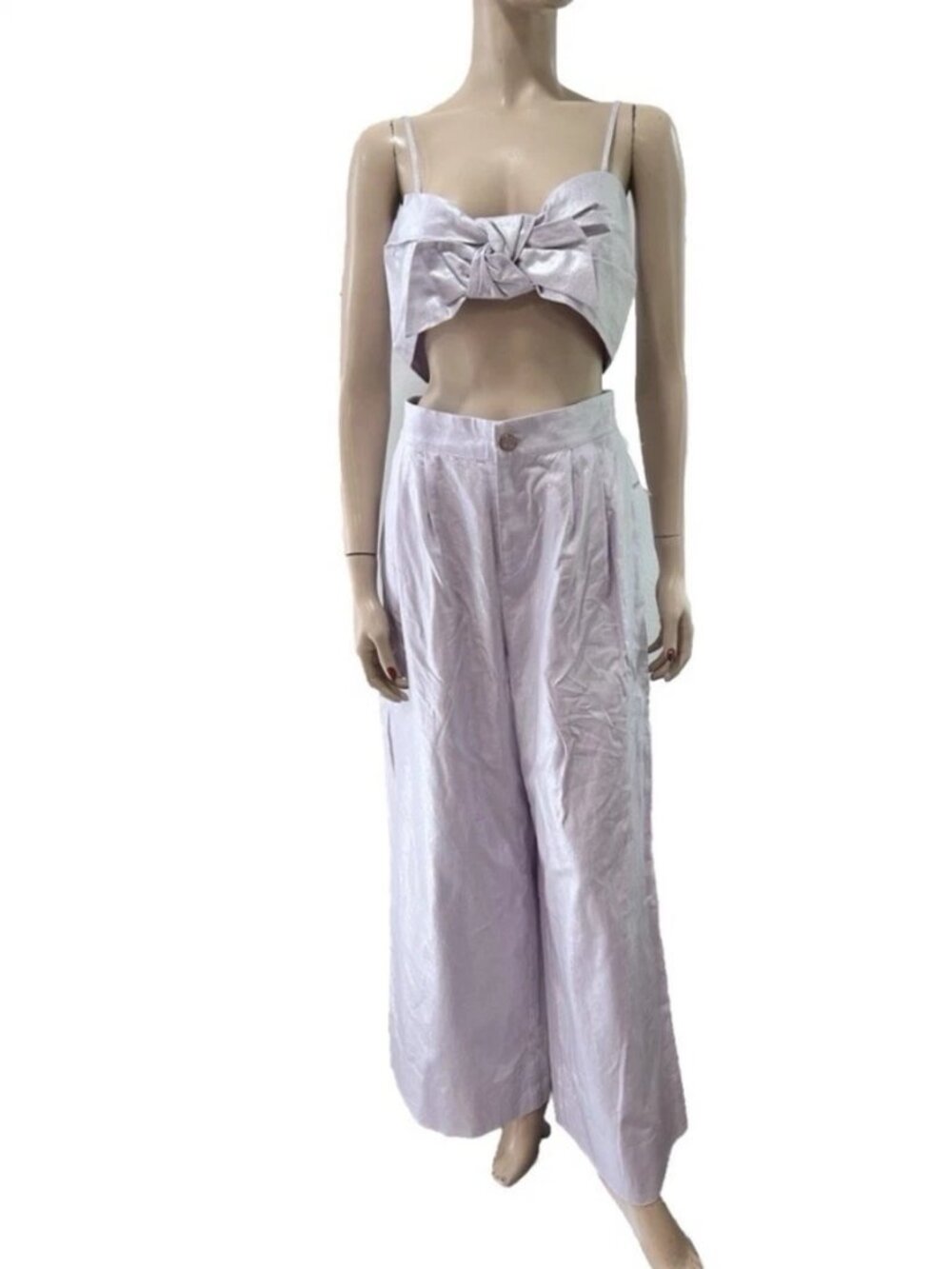 JASON WU Linen Blend Lavender Purple Wide Leg Pant Bow Crop Top, Size Medium